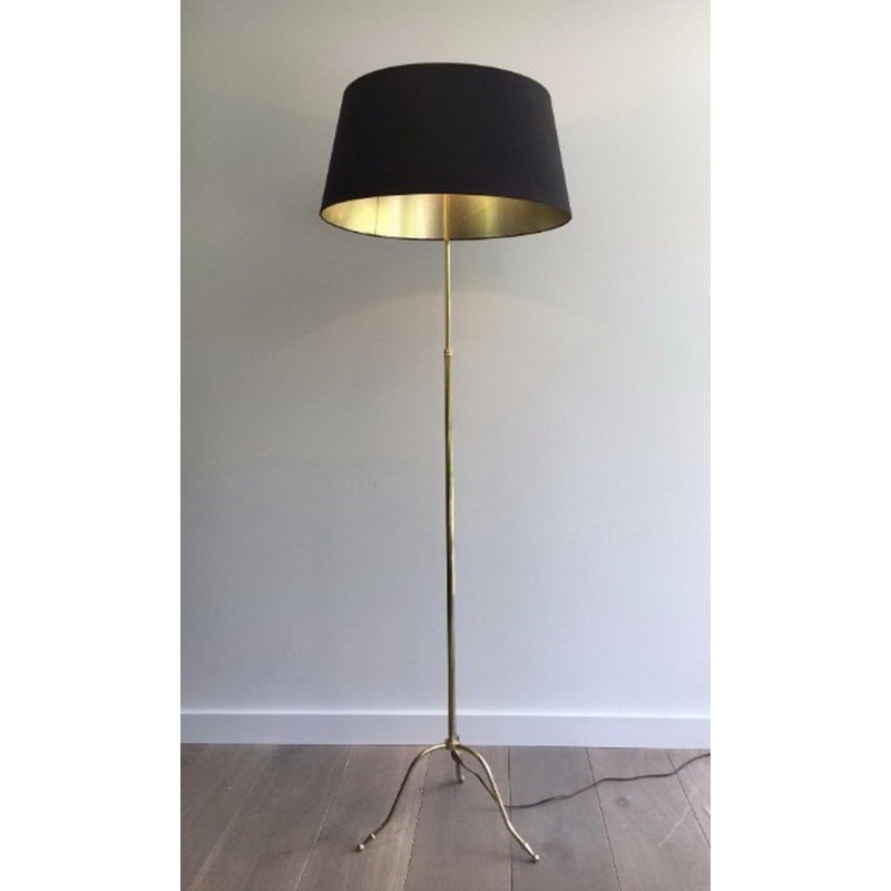 Brass Floor Lamp with Black Shade and Gilt Interior. Circa 1940