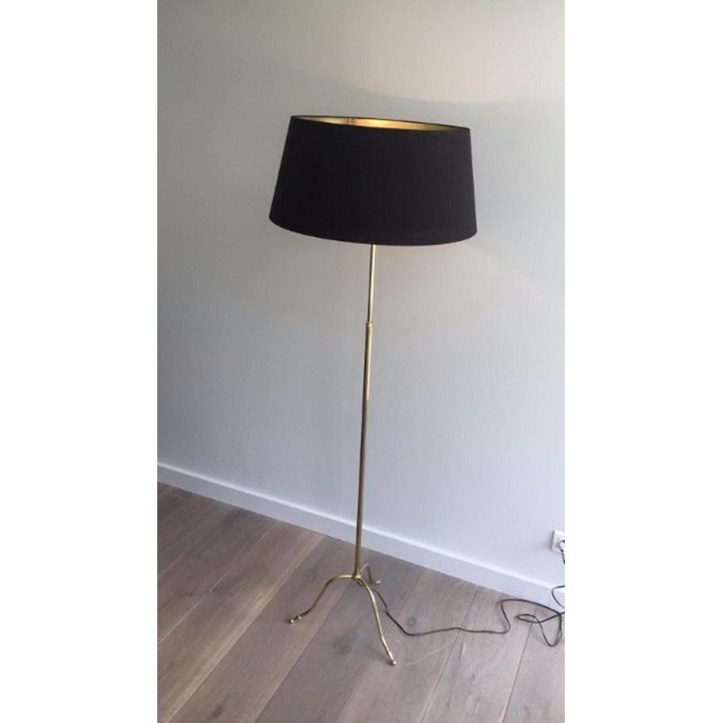 Brass Floor Lamp with Black Shade and Gilt Interior. Circa 1940