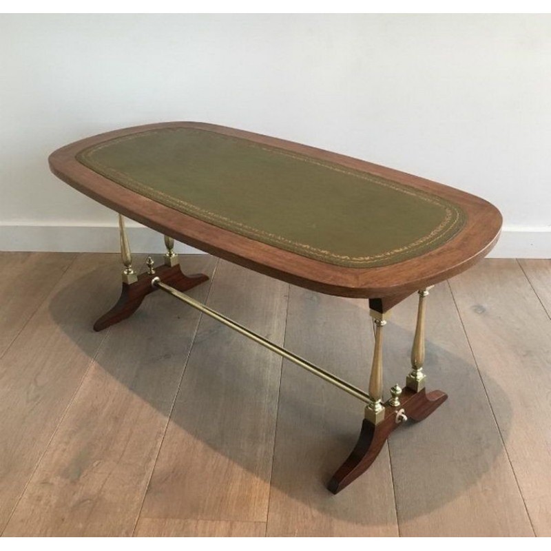 Neoclassical Coffee Table in Wood, Brass and Leather