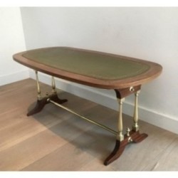 Neoclassical Coffee Table in Wood, Brass and Leather