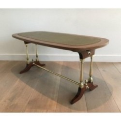 Neoclassical Coffee Table in Wood, Brass and Leather