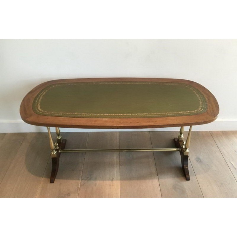 Neoclassical Coffee Table in Wood, Brass and Leather