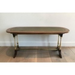 Neoclassical Coffee Table in Wood, Brass and Leather