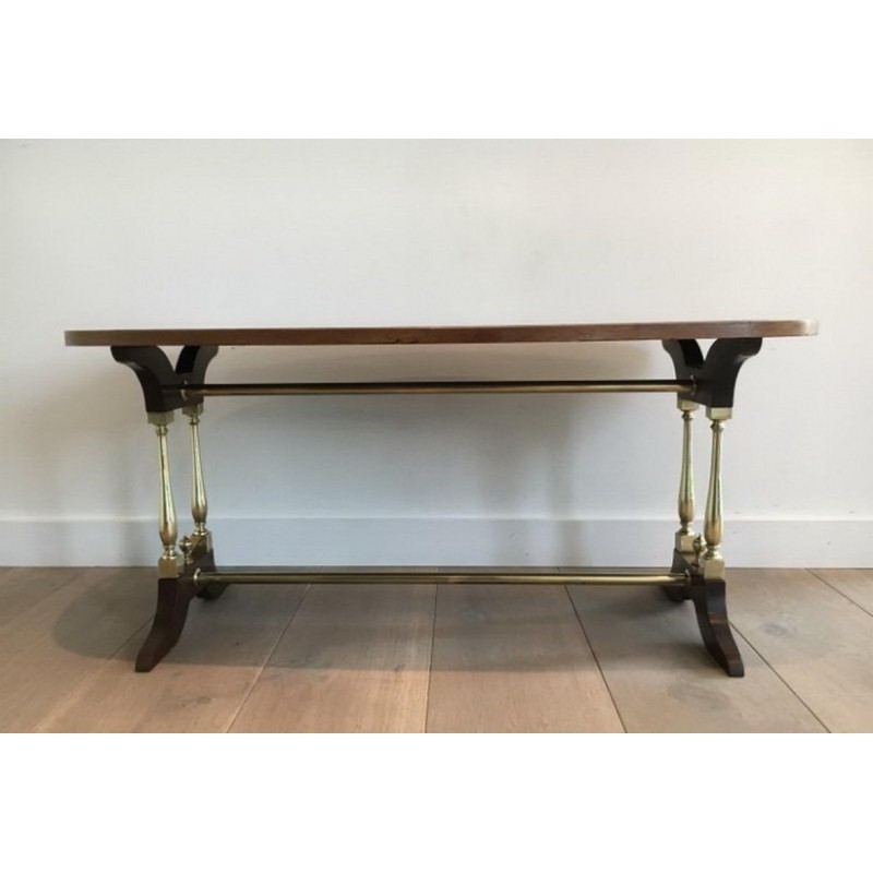 Neoclassical Coffee Table in Wood, Brass and Leather