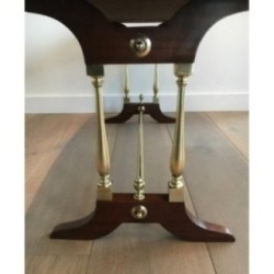 Neoclassical Coffee Table in Wood, Brass and Leather