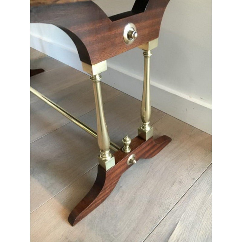 Neoclassical Coffee Table in Wood, Brass and Leather