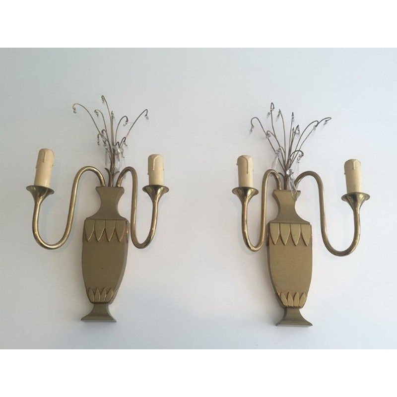 Pair of Brass and Crystal Wall Sconces