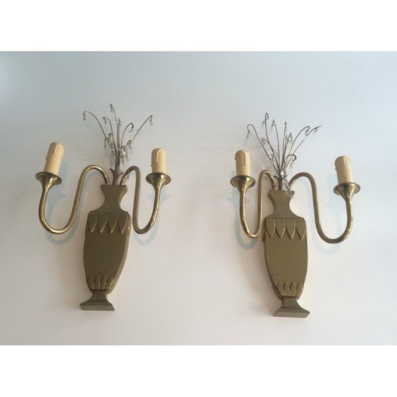 Pair of Brass and Crystal Wall Sconces