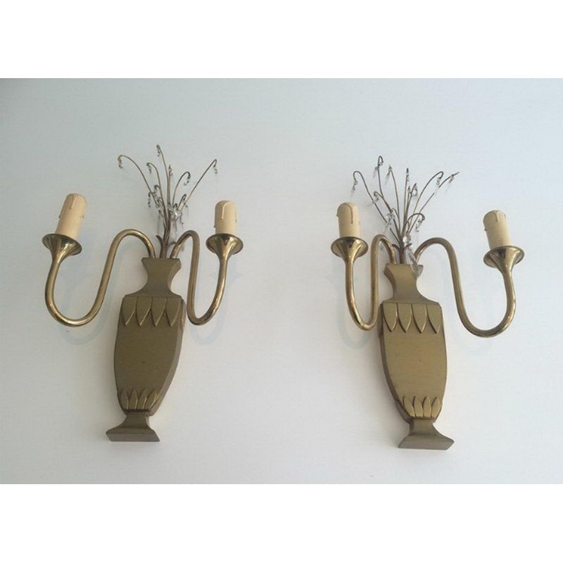 Pair of Brass and Crystal Wall Sconces