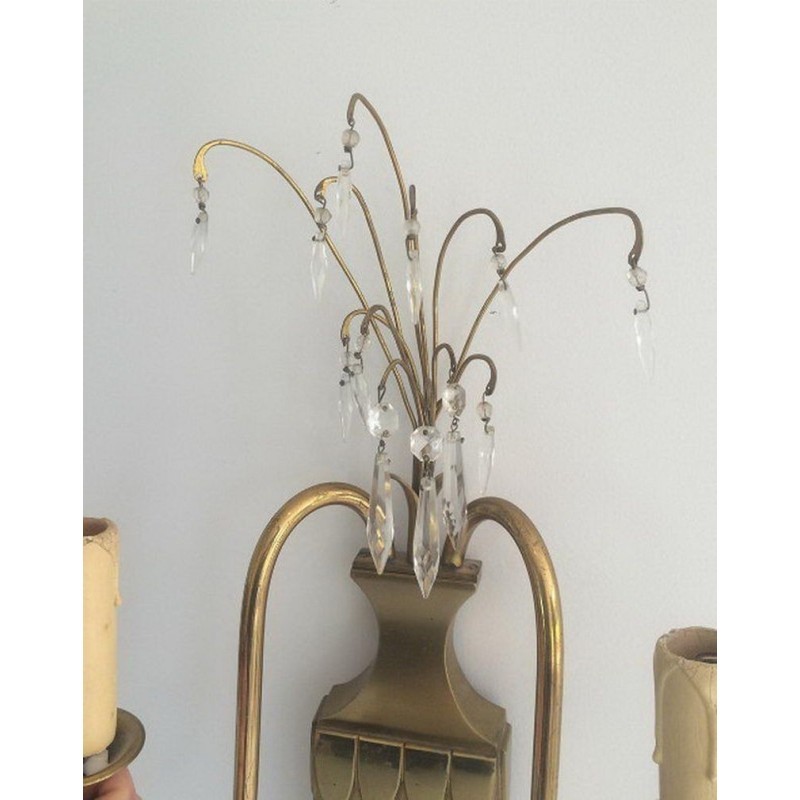 Pair of Brass and Crystal Wall Sconces