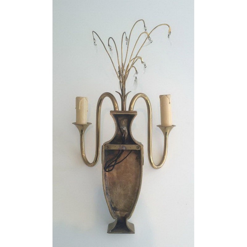 Pair of Brass and Crystal Wall Sconces