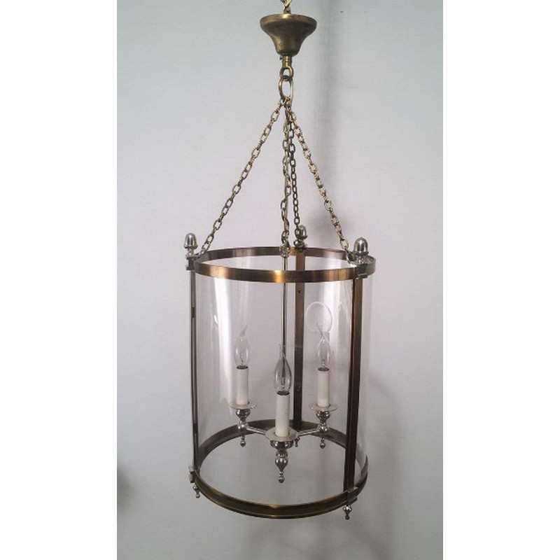 Neoclassical Brass and Silver Lantern with Round Faux-Glass