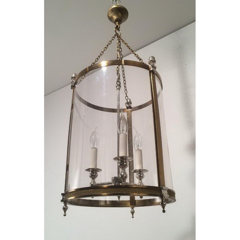 Neoclassical Brass and Silver Lantern with Round Faux-Glass