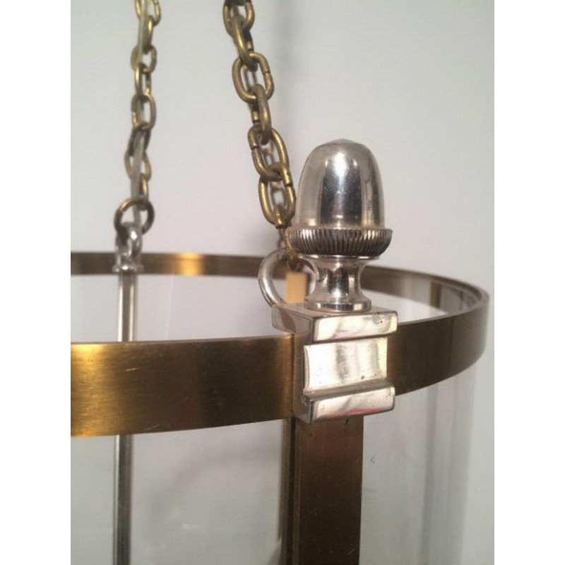 Neoclassical Brass and Silver Lantern with Round Faux-Glass