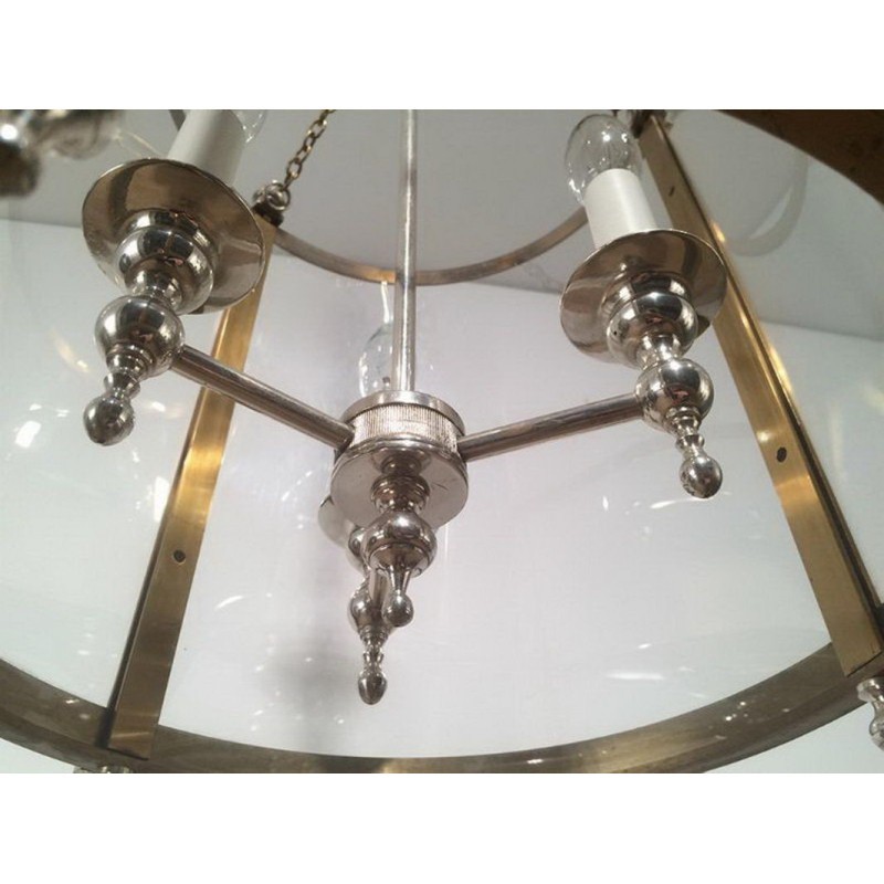 Neoclassical Brass and Silver Lantern with Round Faux-Glass