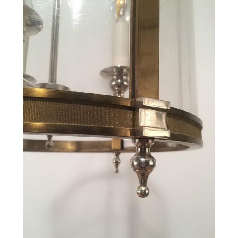 Neoclassical Brass and Silver Lantern with Round Faux-Glass