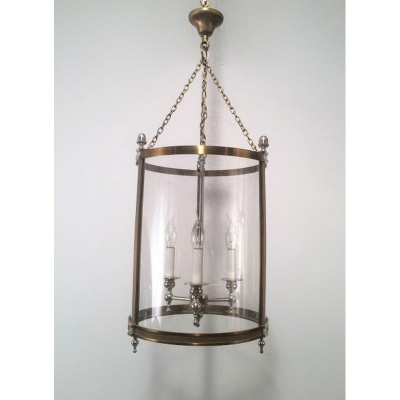 Neoclassical Brass and Silver Lantern with Round Faux-Glass
