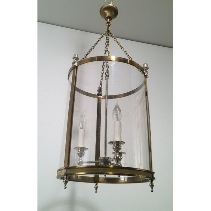 Neoclassical Brass and Silver Lantern with Round Faux-Glass