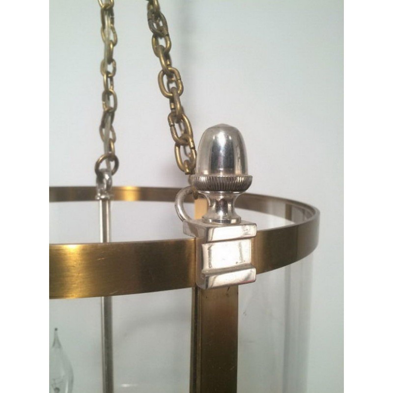 Neoclassical Brass and Silver Lantern with Round Faux-Glass