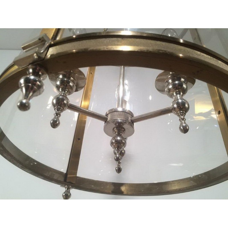 Neoclassical Brass and Silver Lantern with Round Faux-Glass