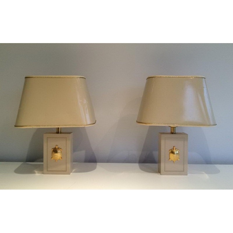 Pair of Lamps with Gilded Tortoise Decor. Circa 1970