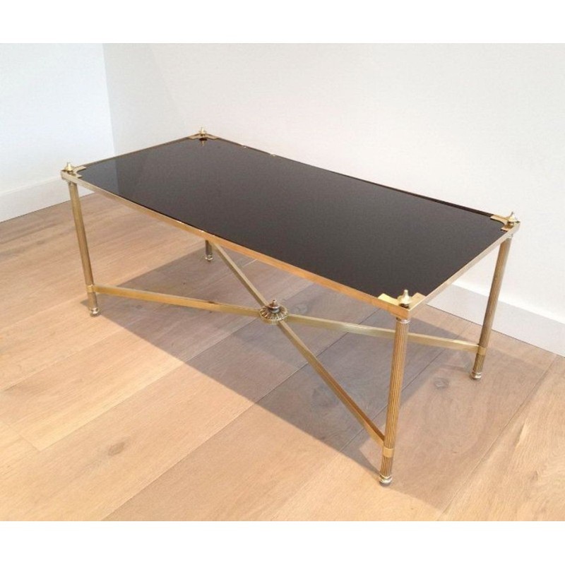 Coffee Table in Brass with Black Lacquered Glass Top by Maison Jansen. Circa 1940