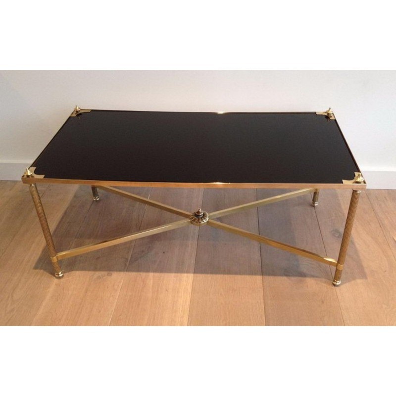 Coffee Table in Brass with Black Lacquered Glass Top by Maison Jansen. Circa 1940