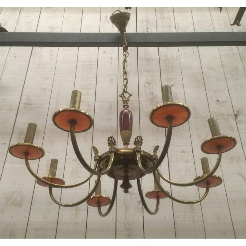 Neoclassical Chandelier in Brass and Red Plexiglass. Circa 1970