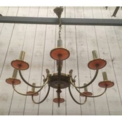 Neoclassical Chandelier in Brass and Red Plexiglass. Circa 1970
