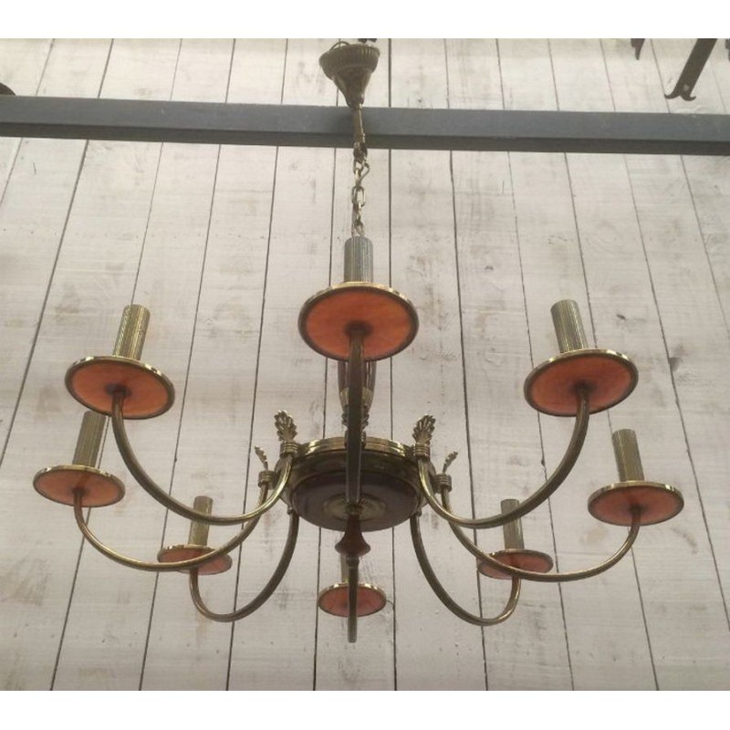 Neoclassical Chandelier in Brass and Red Plexiglass. Circa 1970