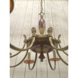 Neoclassical Chandelier in Brass and Red Plexiglass. Circa 1970