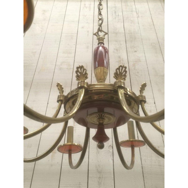 Neoclassical Chandelier in Brass and Red Plexiglass. Circa 1970