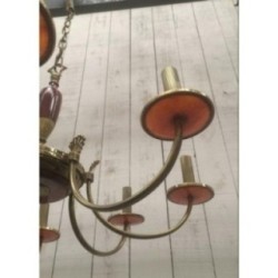 Neoclassical Chandelier in Brass and Red Plexiglass. Circa 1970
