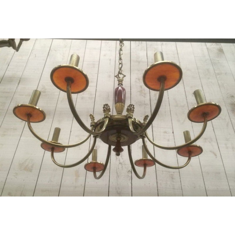 Neoclassical Chandelier in Brass and Red Plexiglass. Circa 1970