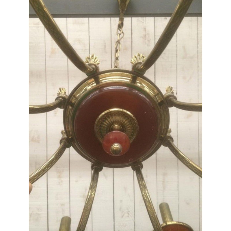 Neoclassical Chandelier in Brass and Red Plexiglass. Circa 1970