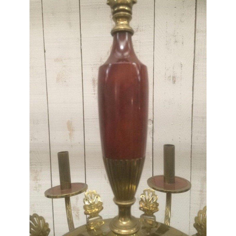 Neoclassical Chandelier in Brass and Red Plexiglass. Circa 1970