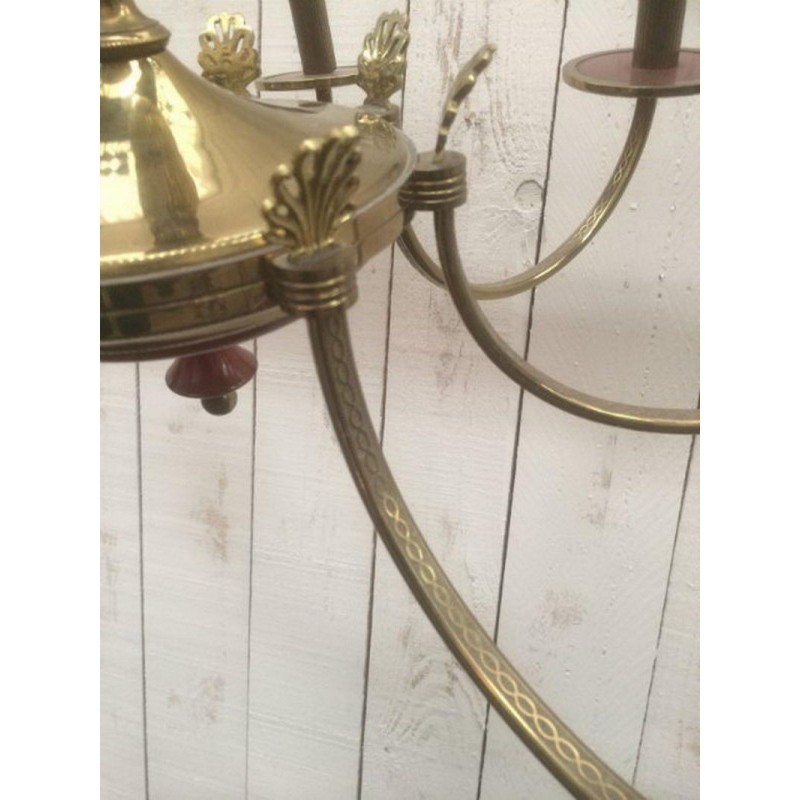 Neoclassical Chandelier in Brass and Red Plexiglass. Circa 1970