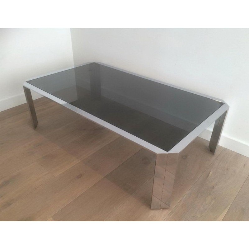 Beautiful Octagonal Coffee Table in Chrome with Black Glass Top. Circa 1970