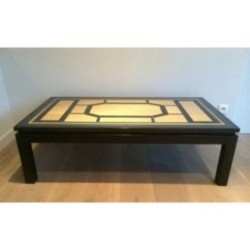 Fine Coffee Table Lacquered in Black, Eggshell and Blue. Circa 1960