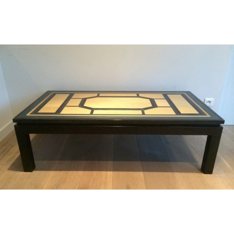 Fine Coffee Table Lacquered in Black, Eggshell and Blue. Circa 1960