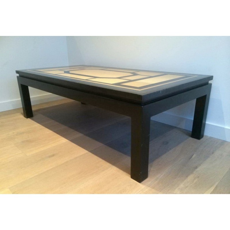Fine Coffee Table Lacquered in Black, Eggshell and Blue. Circa 1960