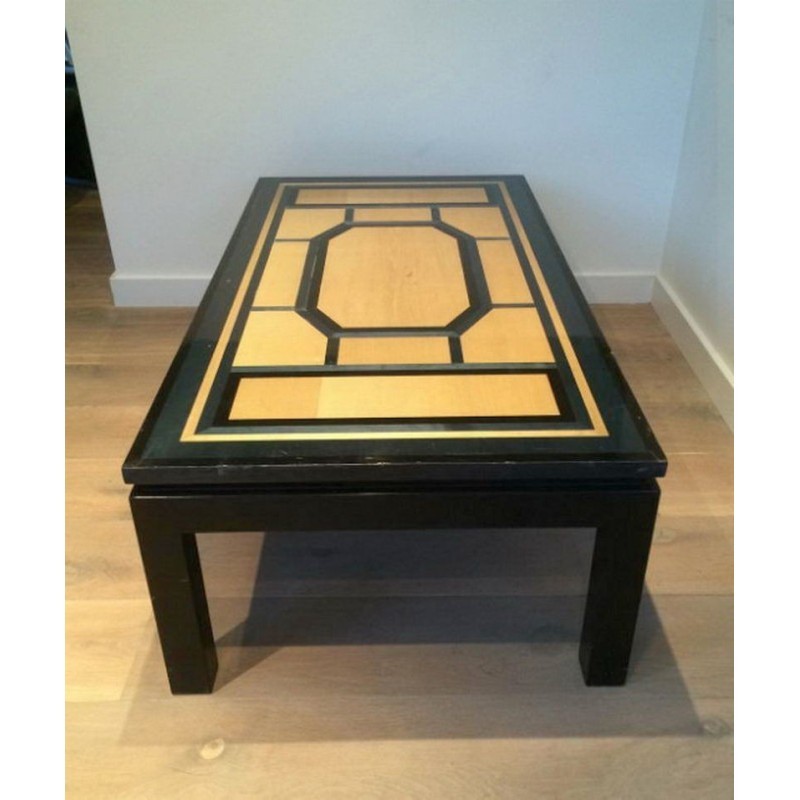 Fine Coffee Table Lacquered in Black, Eggshell and Blue. Circa 1960