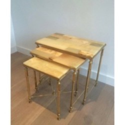 Set of 3 Nesting Tables in Gilt Metal with Onyx Tops. Circa 1940