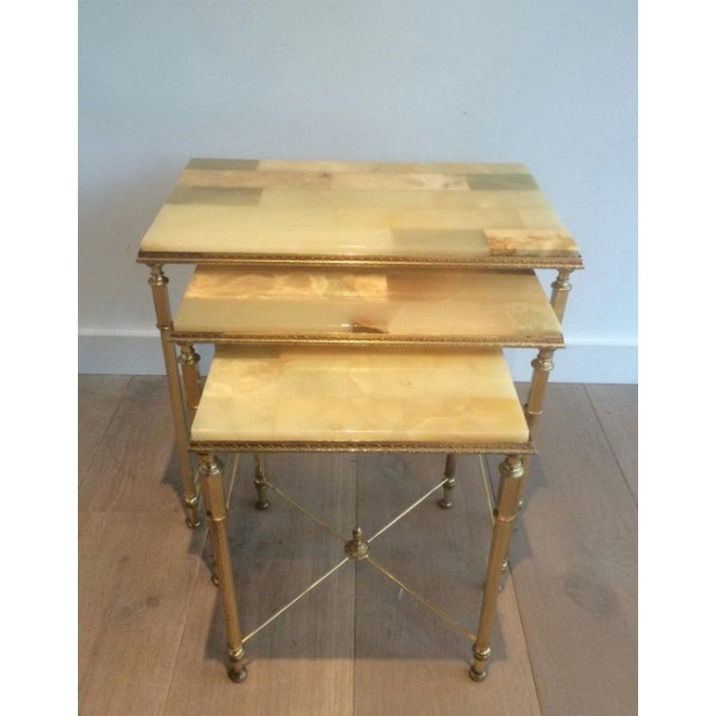 Set of 3 Nesting Tables in Gilt Metal with Onyx Tops. Circa 1940