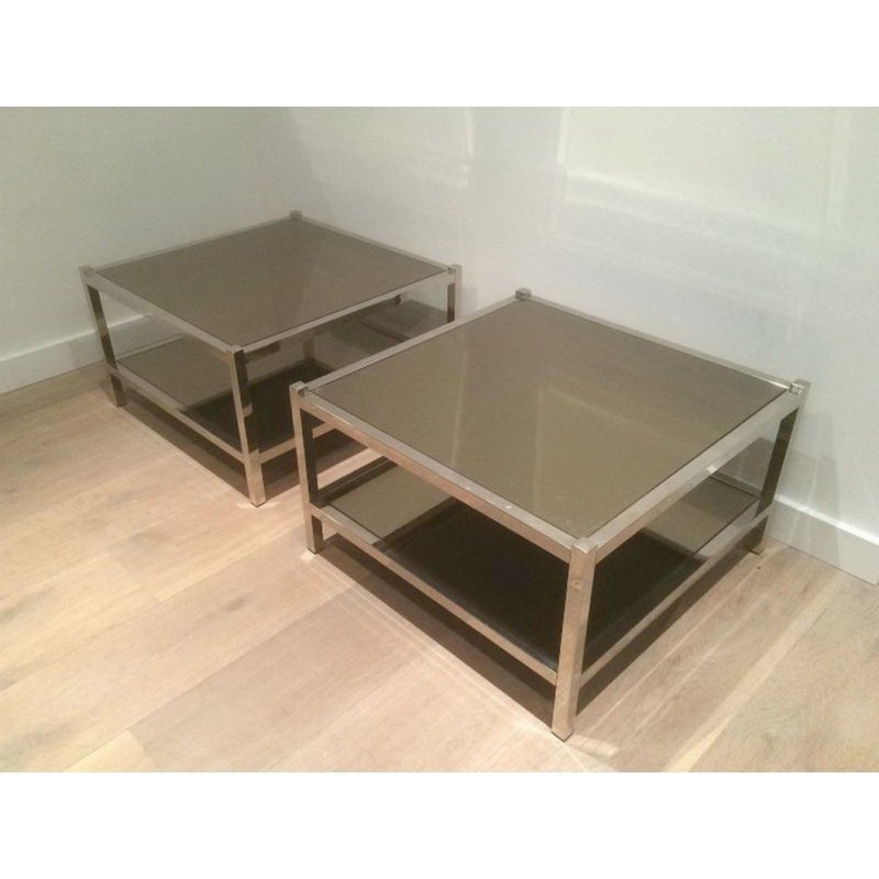 Pair of Large End Tables in Chrome and Bronze Mirrors. Circa 1970