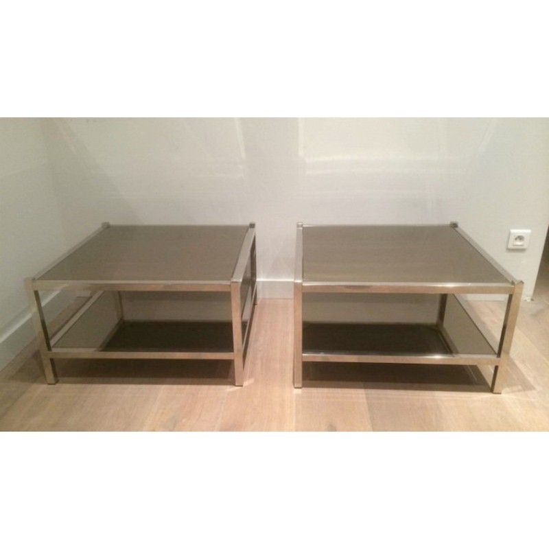 Pair of Large End Tables in Chrome and Bronze Mirrors. Circa 1970