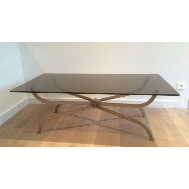 Coffee Table in Brushed Steel with Smoked Glass Top by Maison Charles. Circa 1960