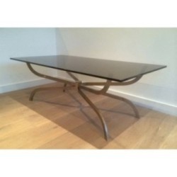 Coffee Table in Brushed Steel with Smoked Glass Top by Maison Charles. Circa 1960