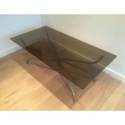 Coffee Table in Brushed Steel with Smoked Glass Top by Maison Charles. Circa 1960