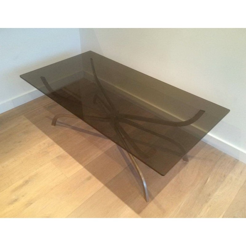 Coffee Table in Brushed Steel with Smoked Glass Top by Maison Charles. Circa 1960